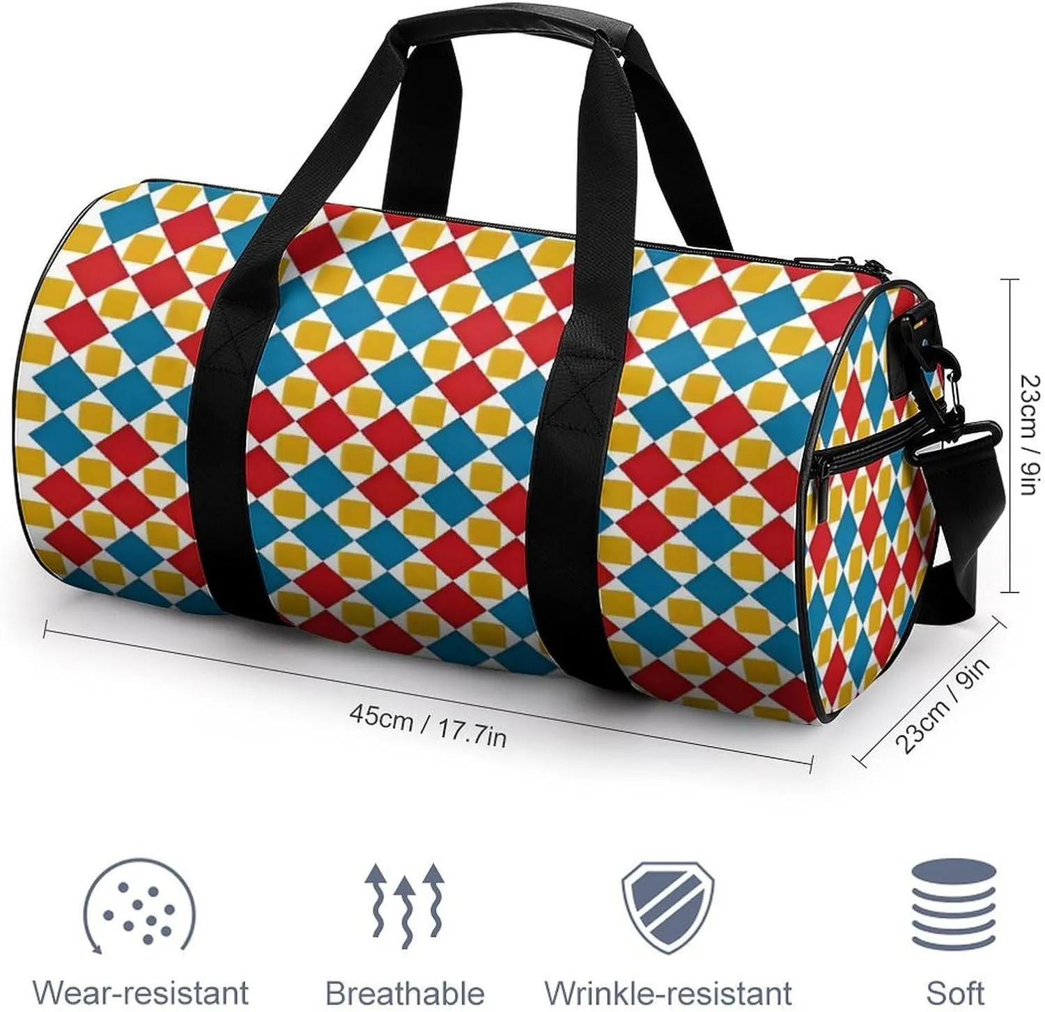 Gym Bag for Men Women Lightweight Sports Duffle Bag with Multiple Compartments Cylindrical Gym Bag for Fitness Travel And Outdoor Activities Ater Resistant Yoga Bag Training Bag Pixel Patchwork