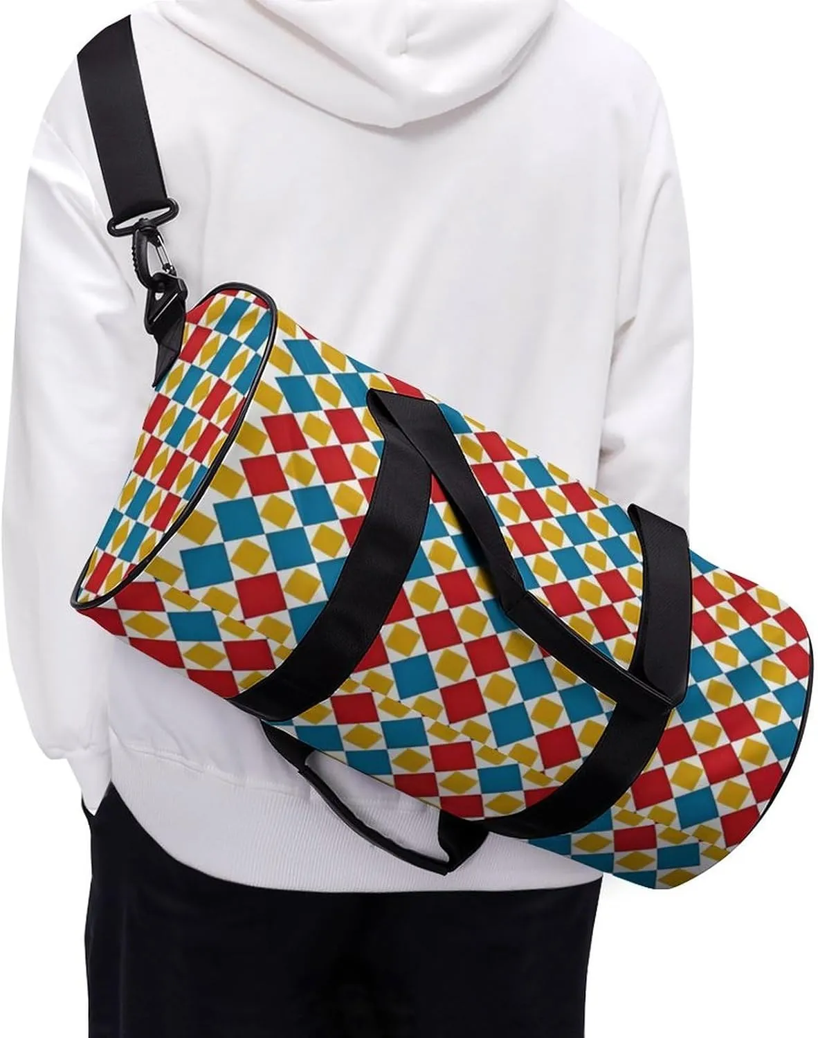 Gym Bag for Men Women Lightweight Sports Duffle Bag with Multiple Compartments Cylindrical Gym Bag for Fitness Travel And Outdoor Activities Ater Resistant Yoga Bag Training Bag Pixel Patchwork