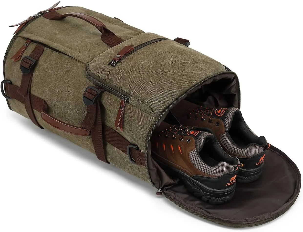 Gym Duffle Bag Backpack 4-Way Vintage canvas with Shoes Compartment for travel Sport Hiking laptop (Vintage green) X-Large