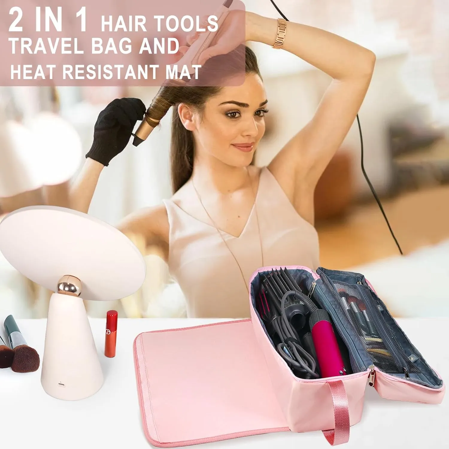 Hair Tools Travel Bag with Heat Resistant Pad, Double-Layer Travel Carrying Case for Straightener, Curling Iron, Hair Dryer, Portable Organizer