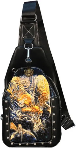 Hand-carved Shoulder Bag Sling Crossbody Backpack Shoulder Bag For Men Crossbody Bag Men Leather Sling Backpack（Dragon）