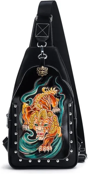 Hand-carved Shoulder Bag Sling Crossbody Backpack Shoulder Bag For Men Crossbody Bag Men Leather Sling Backpack（Tigers）