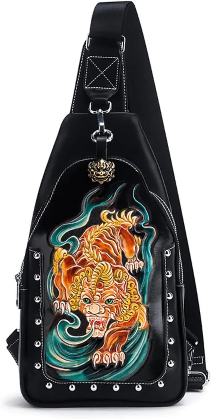 Hand-carved Shoulder Bag Sling Crossbody Backpack Shoulder Bag For Men Crossbody Bag Men Leather Sling Backpack（Tigers）