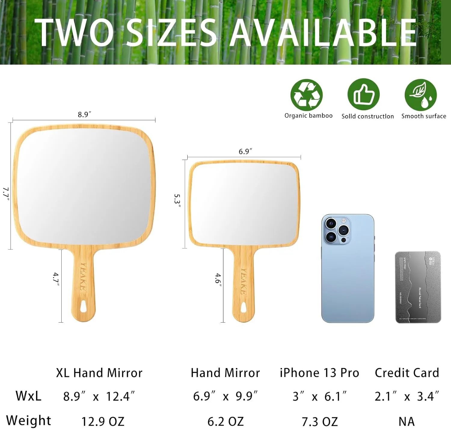 Hand Mirror,Natural Bamboo Handheld Mirror with Handle, Single-Sided Portable Travel Vanity Mirror for Men & Women,6.9" W X 9.9" L