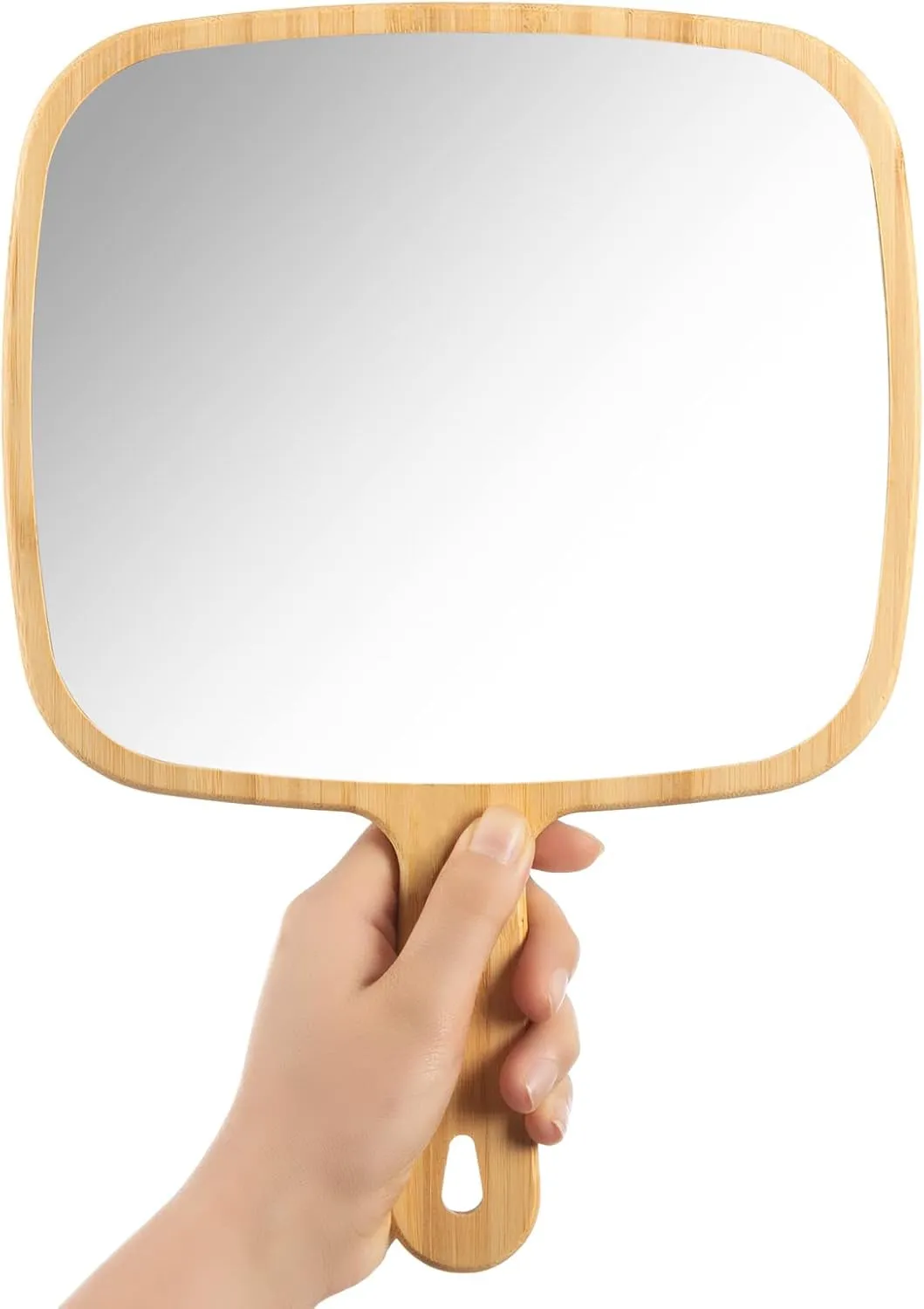 Hand Mirror,Natural Bamboo Handheld Mirror with Handle, Single-Sided Portable Travel Vanity Mirror for Men & Women,6.9" W X 9.9" L