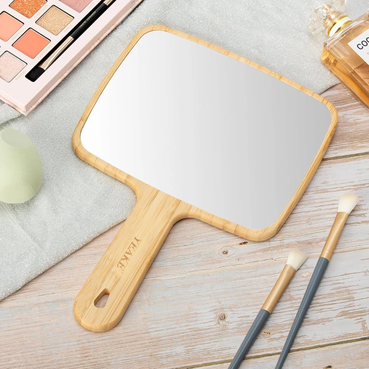 Hand Mirror,Natural Bamboo Handheld Mirror with Handle, Single-Sided Portable Travel Vanity Mirror for Men & Women,6.9" W X 9.9" L