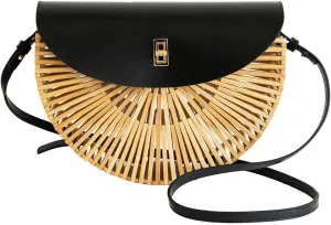 Handwoven Bamboo Bag Summer Straw Purse Crossbody Bags for Women Natural Handmade Beach Bamboo Purse with Leather Strap