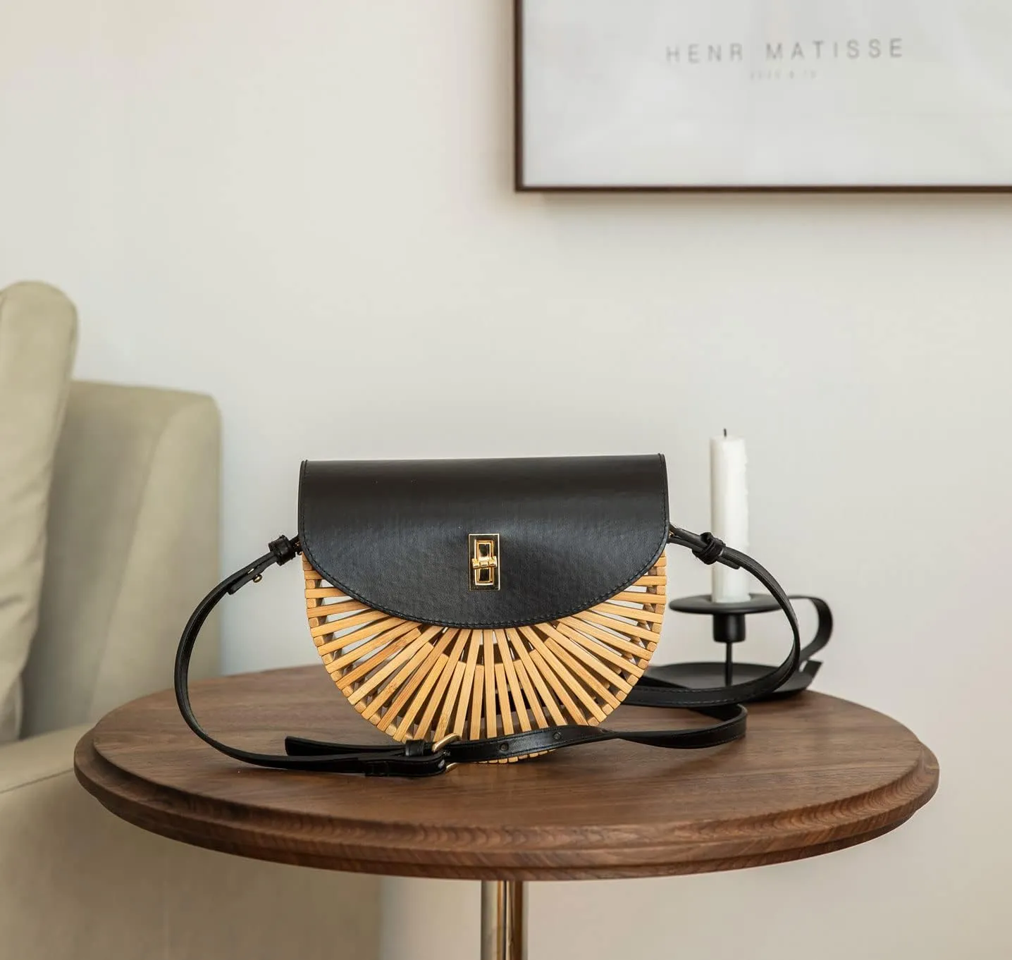 Handwoven Bamboo Bag Summer Straw Purse Crossbody Bags for Women Natural Handmade Beach Bamboo Purse with Leather Strap