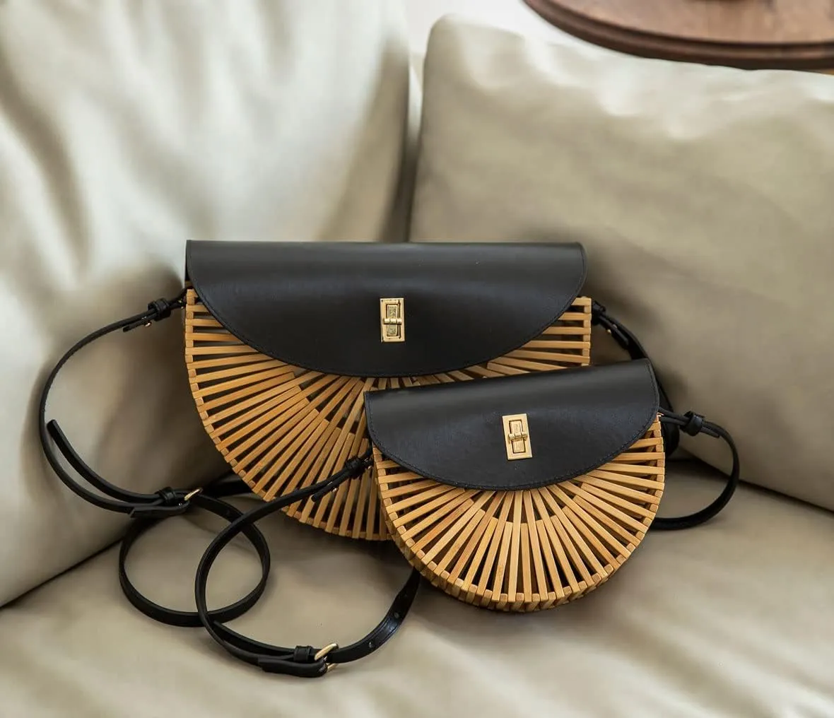 Handwoven Bamboo Bag Summer Straw Purse Crossbody Bags for Women Natural Handmade Beach Bamboo Purse with Leather Strap