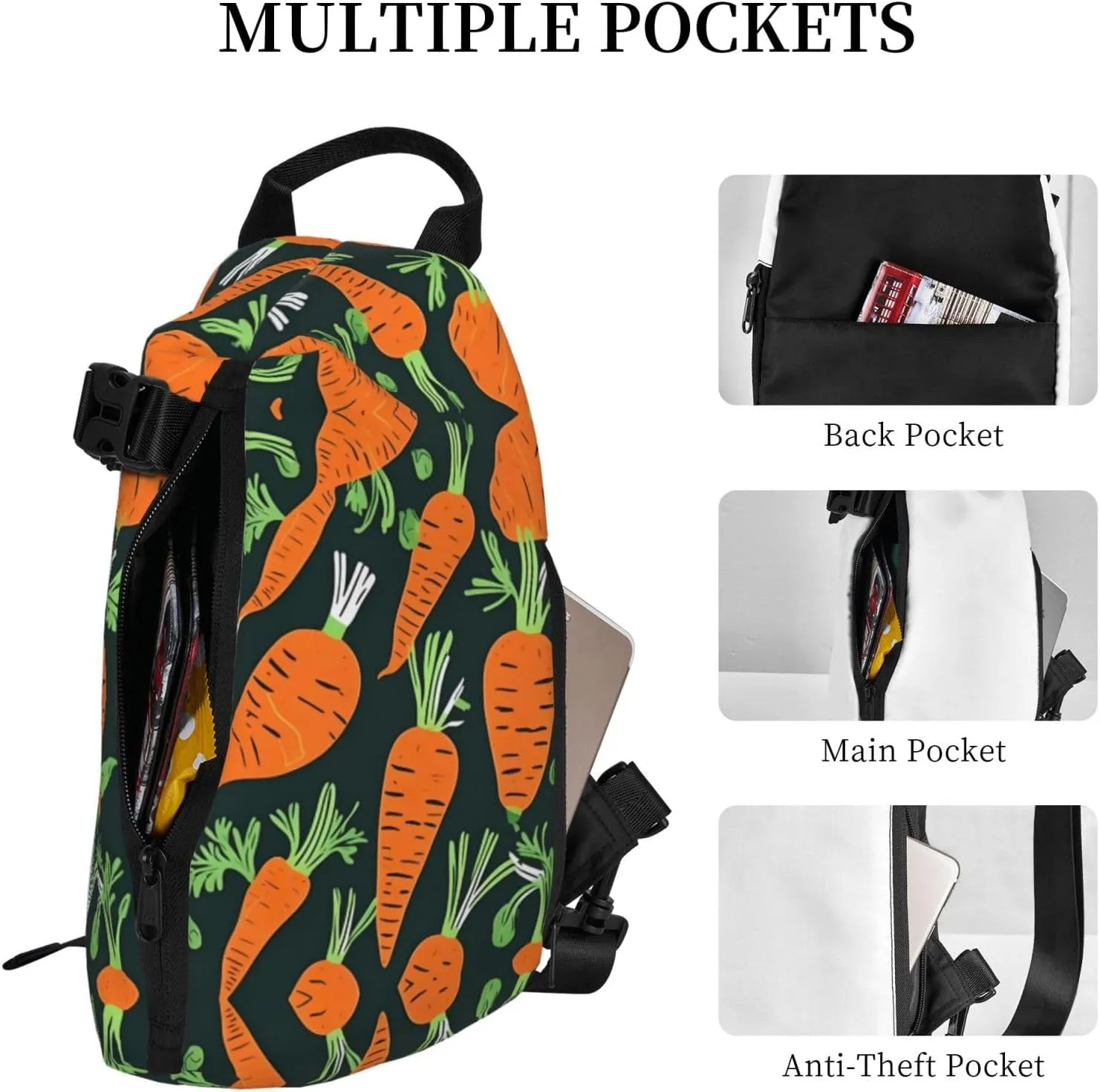Happy Carrot Seamless Pattern Print Crossbody Backpack Casual Adjustable Bag Multifunctional Sling Backpack