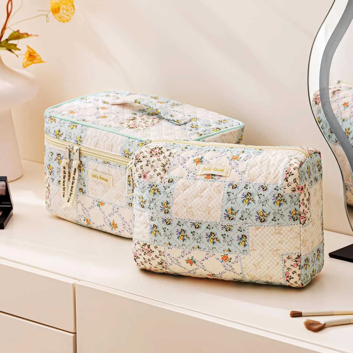 HBselect Quilted Makeup Bag, 3PCS Cotton Large Travel Makeup Bag, Cute Floral Coquette Make up Bag Cosmetic Bag Toiletry Bag for Women Girls