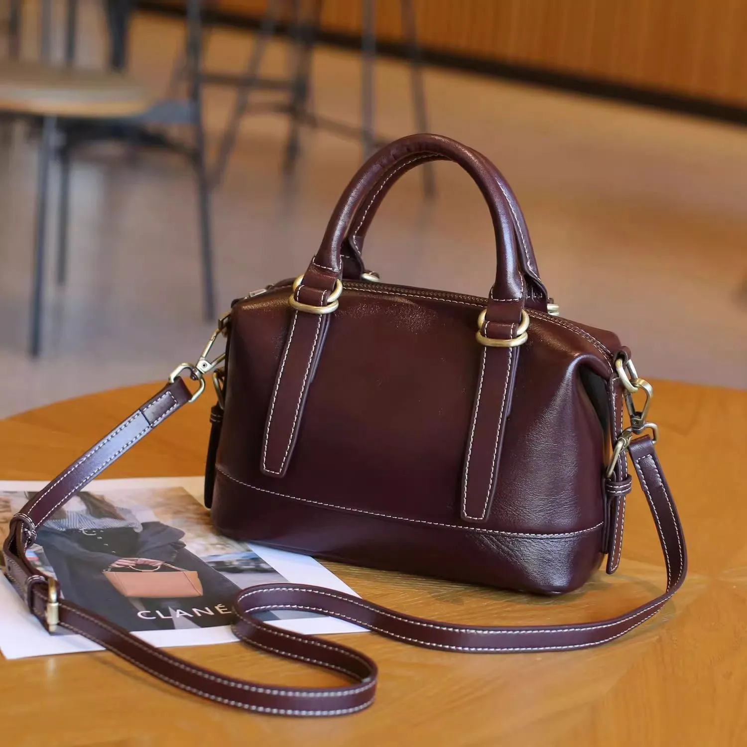 Head layer vegetable tanned cowhide soft leather Boston bag, simple and fashionable fashion trend, single shoulder crossbody handbag for women