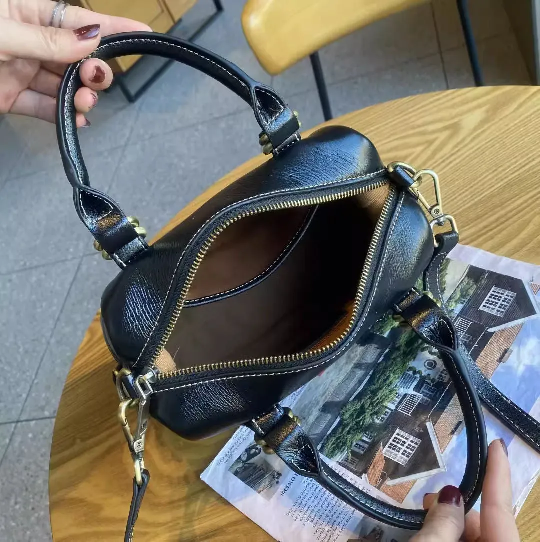 Head layer vegetable tanned cowhide soft leather Boston bag, simple and fashionable fashion trend, single shoulder crossbody handbag for women