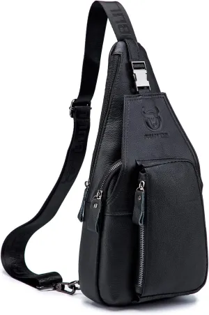 Hebetag Leather Sling Crossbody Bag Casual Daypack for Men Women Outdoor Travel Hiking Camping Fishing Shoulder Chest Pack Day Pack, Black