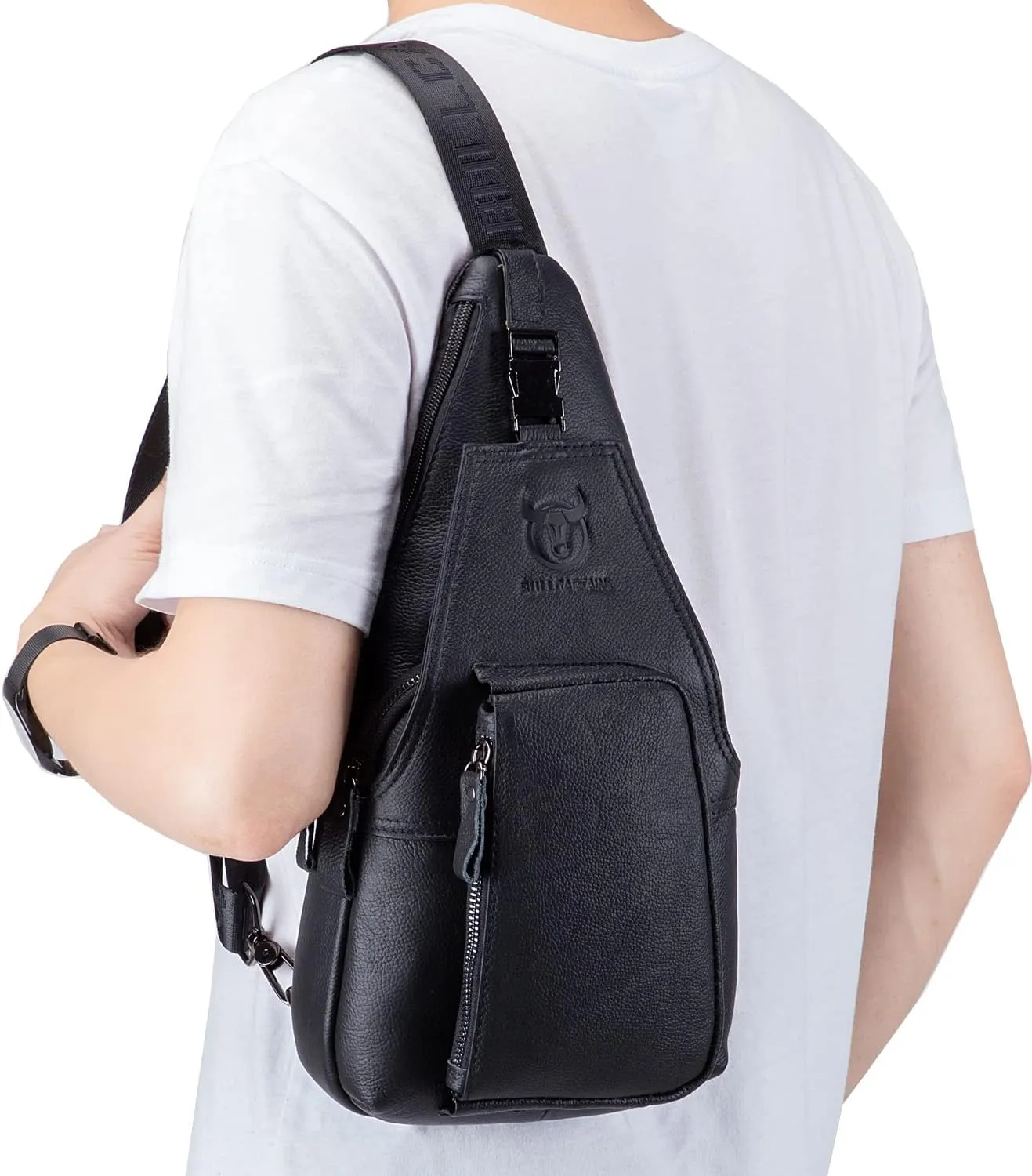 Hebetag Leather Sling Crossbody Bag Casual Daypack for Men Women Outdoor Travel Hiking Camping Fishing Shoulder Chest Pack Day Pack, Black