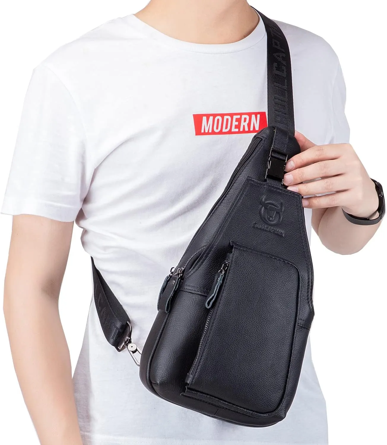 Hebetag Leather Sling Crossbody Bag Casual Daypack for Men Women Outdoor Travel Hiking Camping Fishing Shoulder Chest Pack Day Pack, Black