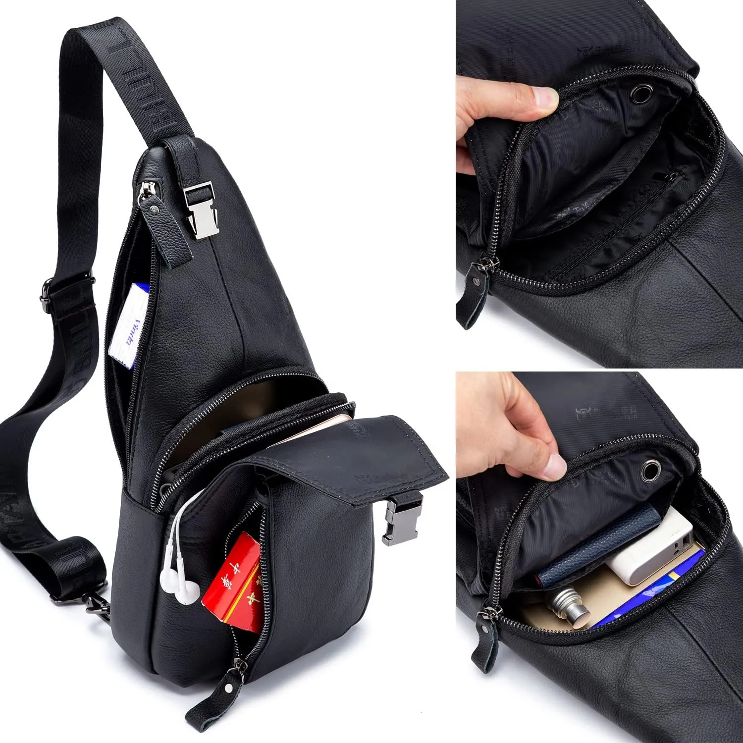 Hebetag Leather Sling Crossbody Bag Casual Daypack for Men Women Outdoor Travel Hiking Camping Fishing Shoulder Chest Pack Day Pack, Black