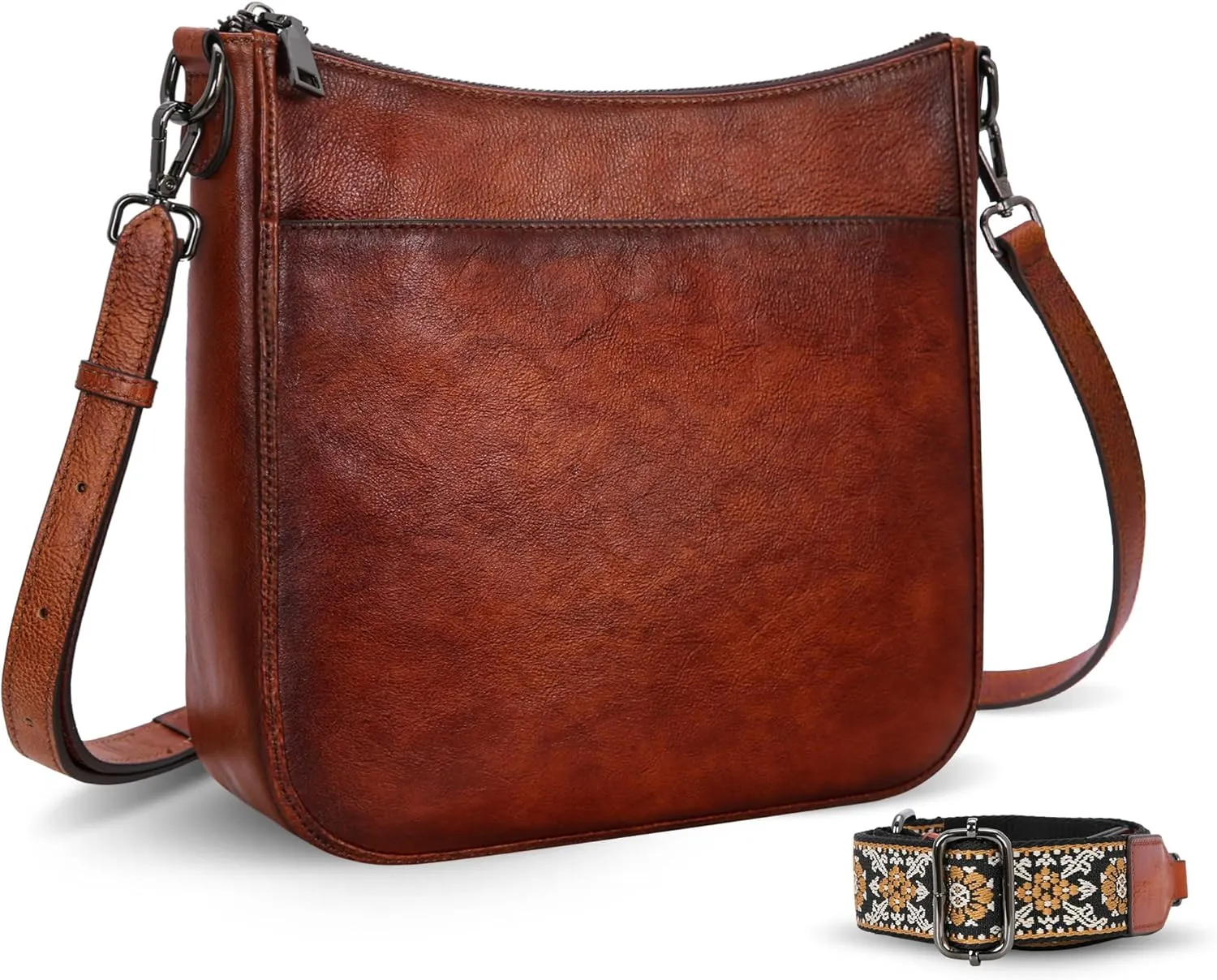 HESHE Leather Purses for Women Crossbody Bag Medium Shoulder Bags with Guitar Strap Satchel Travel Cross Body Purse