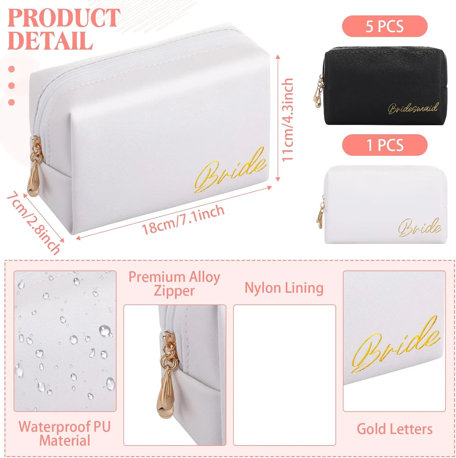Hillban 6 Pcs Bride and Bridesmaid Cosmetic Bag PU Leather Makeup Bag Waterproof Makeup Pouch Purse Toiletry Gifts for Bridal Shower, Wedding, Bachelorette Party(White, Black)