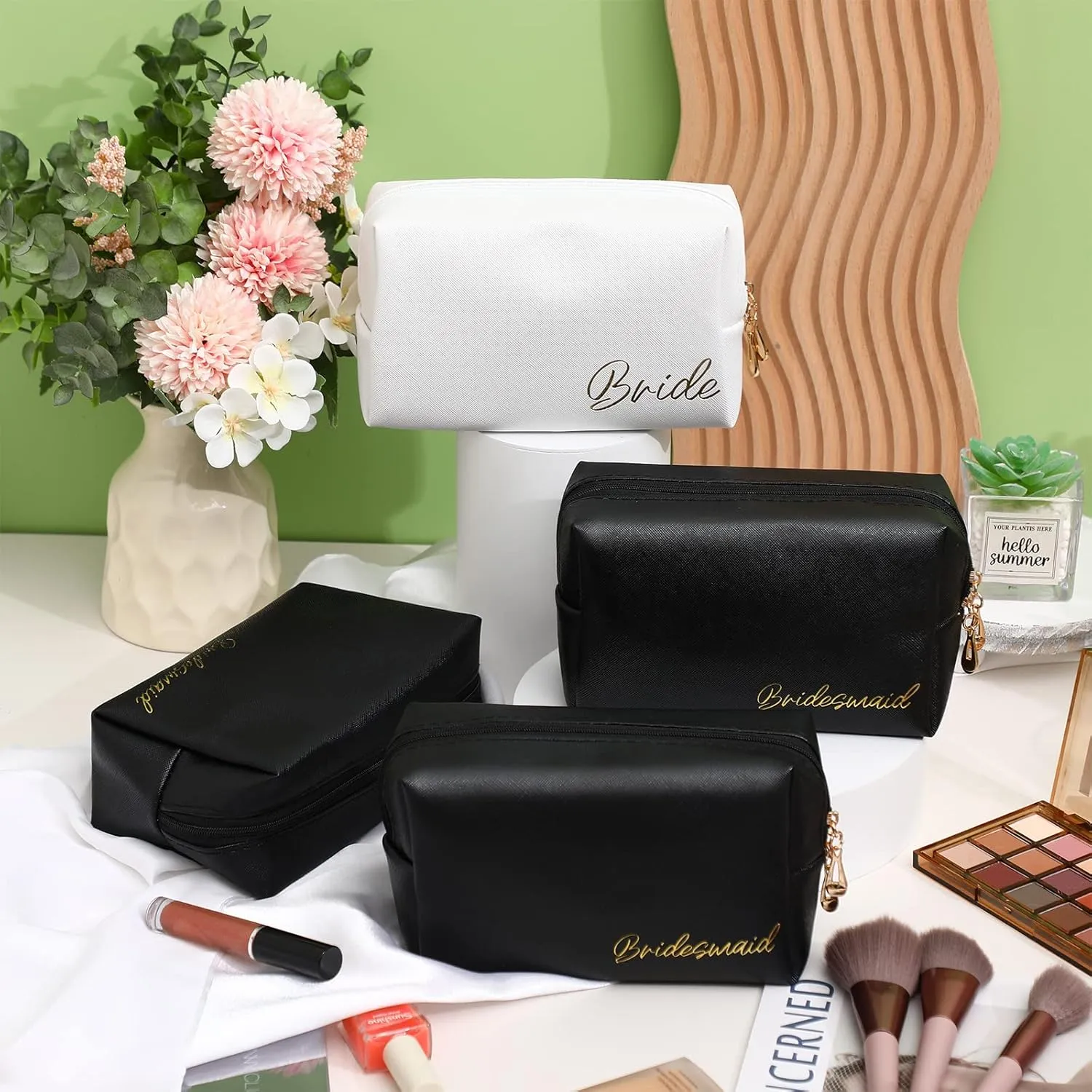 Hillban 6 Pcs Bride and Bridesmaid Cosmetic Bag PU Leather Makeup Bag Waterproof Makeup Pouch Purse Toiletry Gifts for Bridal Shower, Wedding, Bachelorette Party(White, Black)