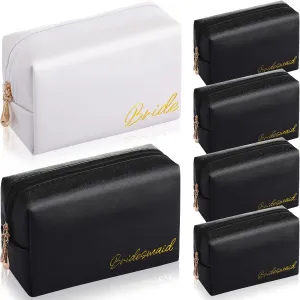 Hillban 6 Pcs Bride and Bridesmaid Cosmetic Bag PU Leather Makeup Bag Waterproof Makeup Pouch Purse Toiletry Gifts for Bridal Shower, Wedding, Bachelorette Party(White, Black)