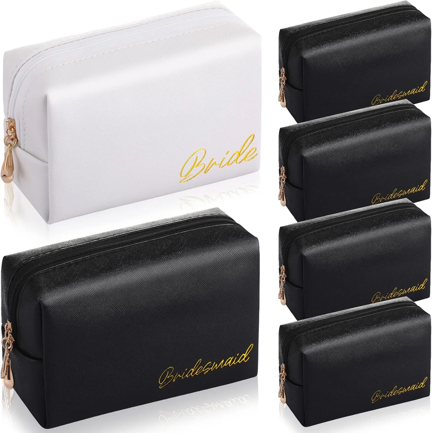 Hillban 6 Pcs Bride and Bridesmaid Cosmetic Bag PU Leather Makeup Bag Waterproof Makeup Pouch Purse Toiletry Gifts for Bridal Shower, Wedding, Bachelorette Party(White, Black)