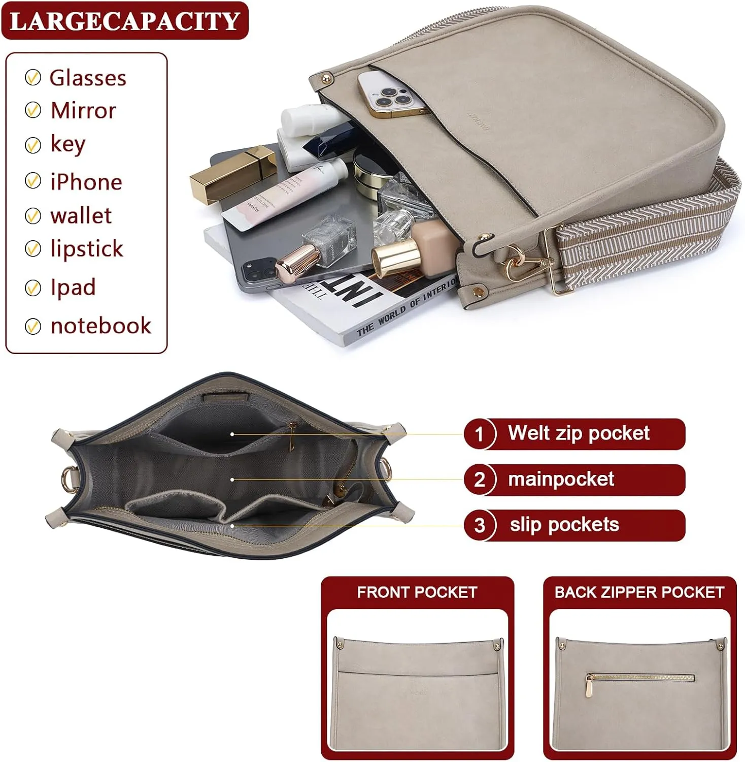 HKCLUF Crossbody Bag Purse for Women 2PCS/Set Leather Hobo Handbag Wallet Set With 2Adjustable Guitar Strap Shoulder Bag