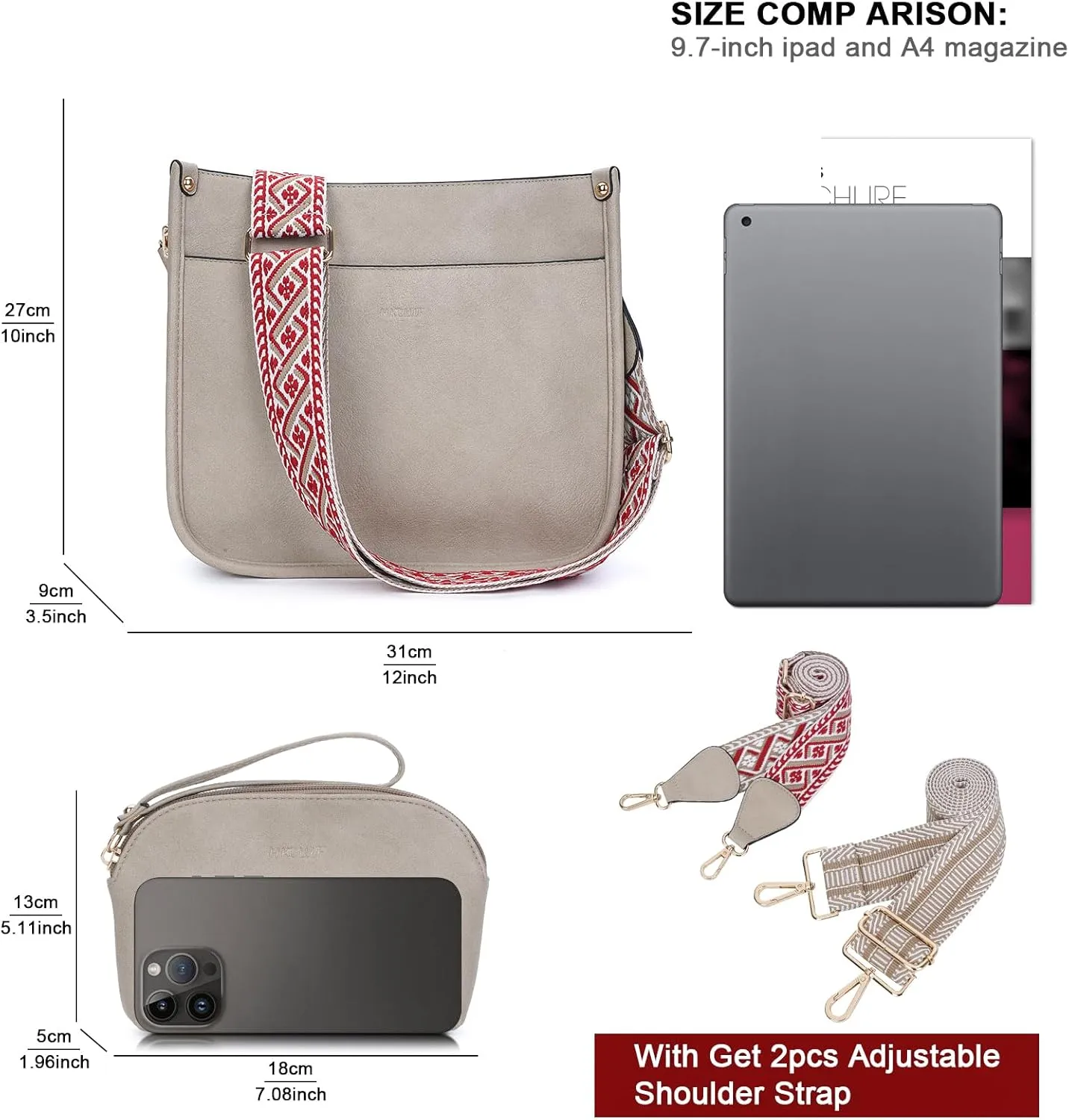 HKCLUF Crossbody Bag Purse for Women 2PCS/Set Leather Hobo Handbag Wallet Set With 2Adjustable Guitar Strap Shoulder Bag