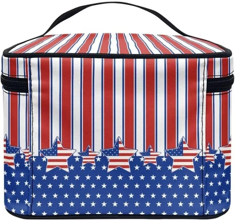 Horeset American Flag Star Large Makeup Bag,Travel Cosmetic Bag Organizer with Zipper and Handle,Portable Waterproof 4th of July Makeup Case Organizer for Women Men