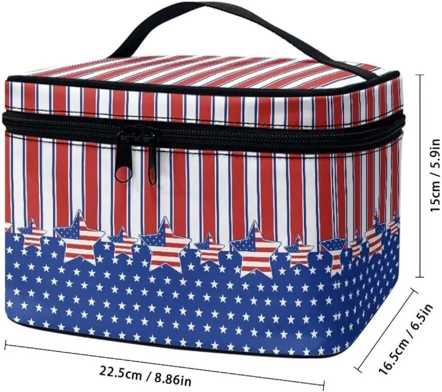 Horeset American Flag Star Large Makeup Bag,Travel Cosmetic Bag Organizer with Zipper and Handle,Portable Waterproof 4th of July Makeup Case Organizer for Women Men
