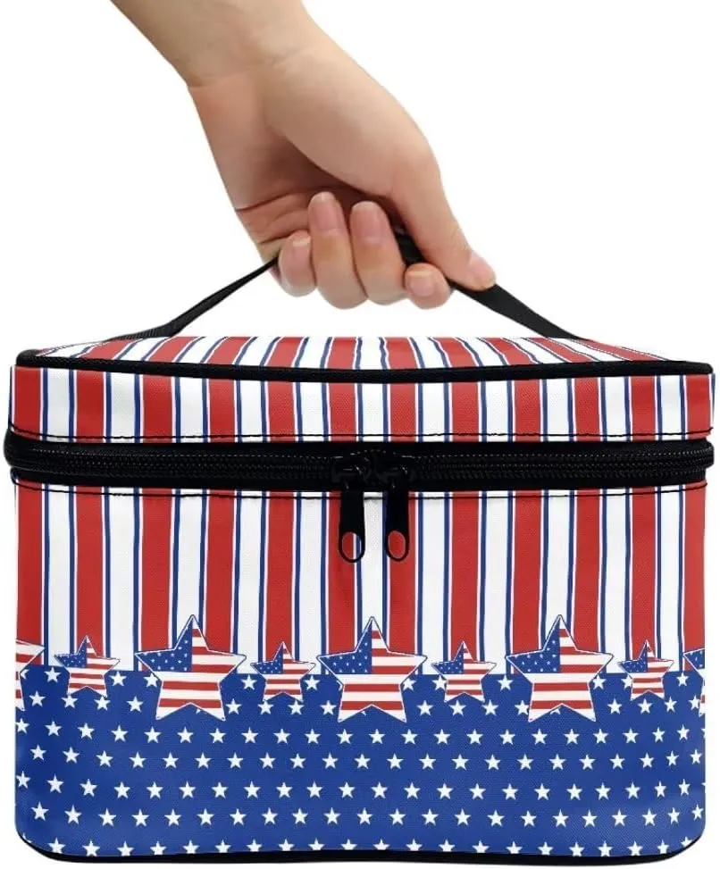 Horeset American Flag Star Large Makeup Bag,Travel Cosmetic Bag Organizer with Zipper and Handle,Portable Waterproof 4th of July Makeup Case Organizer for Women Men