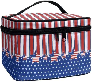 Horeset American Flag Star Large Makeup Bag,Travel Cosmetic Bag Organizer with Zipper and Handle,Portable Waterproof 4th of July Makeup Case Organizer for Women Men
