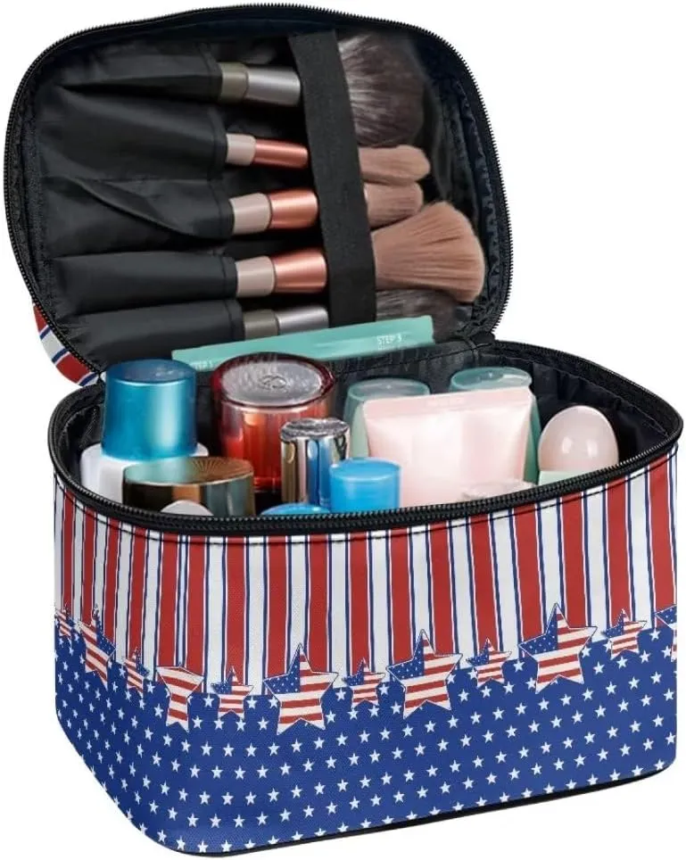 Horeset American Flag Star Large Makeup Bag,Travel Cosmetic Bag Organizer with Zipper and Handle,Portable Waterproof 4th of July Makeup Case Organizer for Women Men