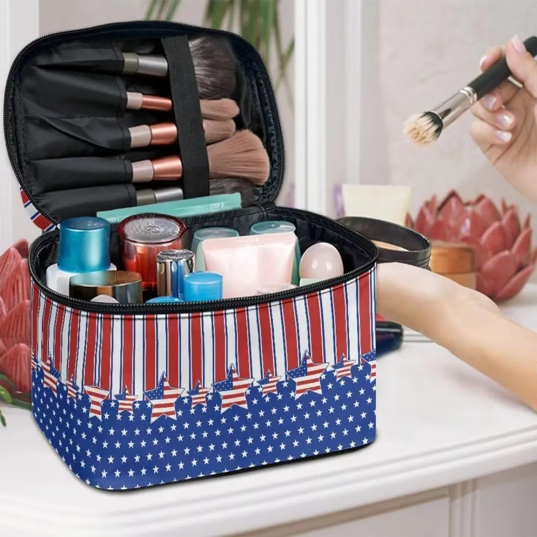 Horeset American Flag Star Large Makeup Bag,Travel Cosmetic Bag Organizer with Zipper and Handle,Portable Waterproof 4th of July Makeup Case Organizer for Women Men