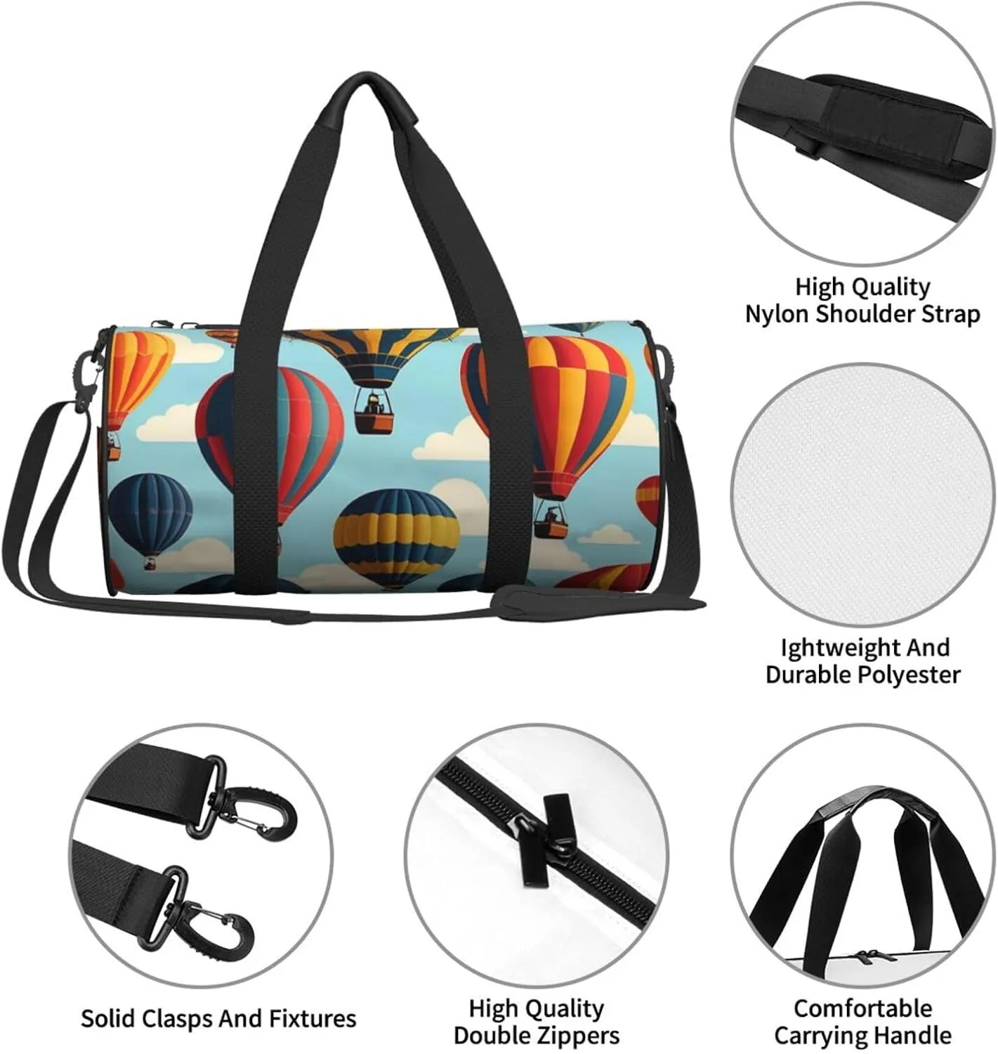 Hot Air Balloons Printed Travel Bag,Round Personal Item Storage bag,Foldie Duffel Bag for Traveling Vacation,Fitness,Sports