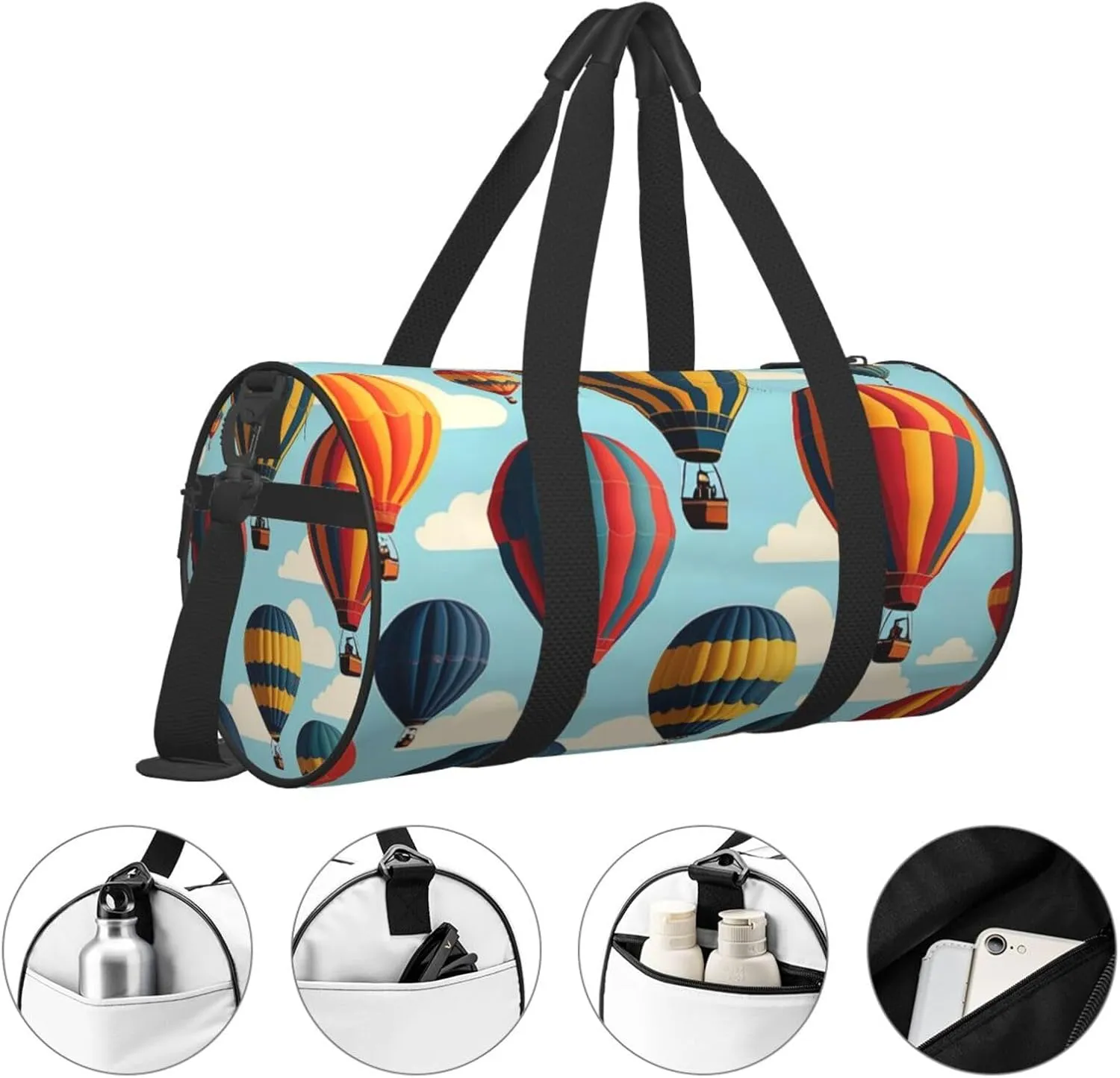 Hot Air Balloons Printed Travel Bag,Round Personal Item Storage bag,Foldie Duffel Bag for Traveling Vacation,Fitness,Sports