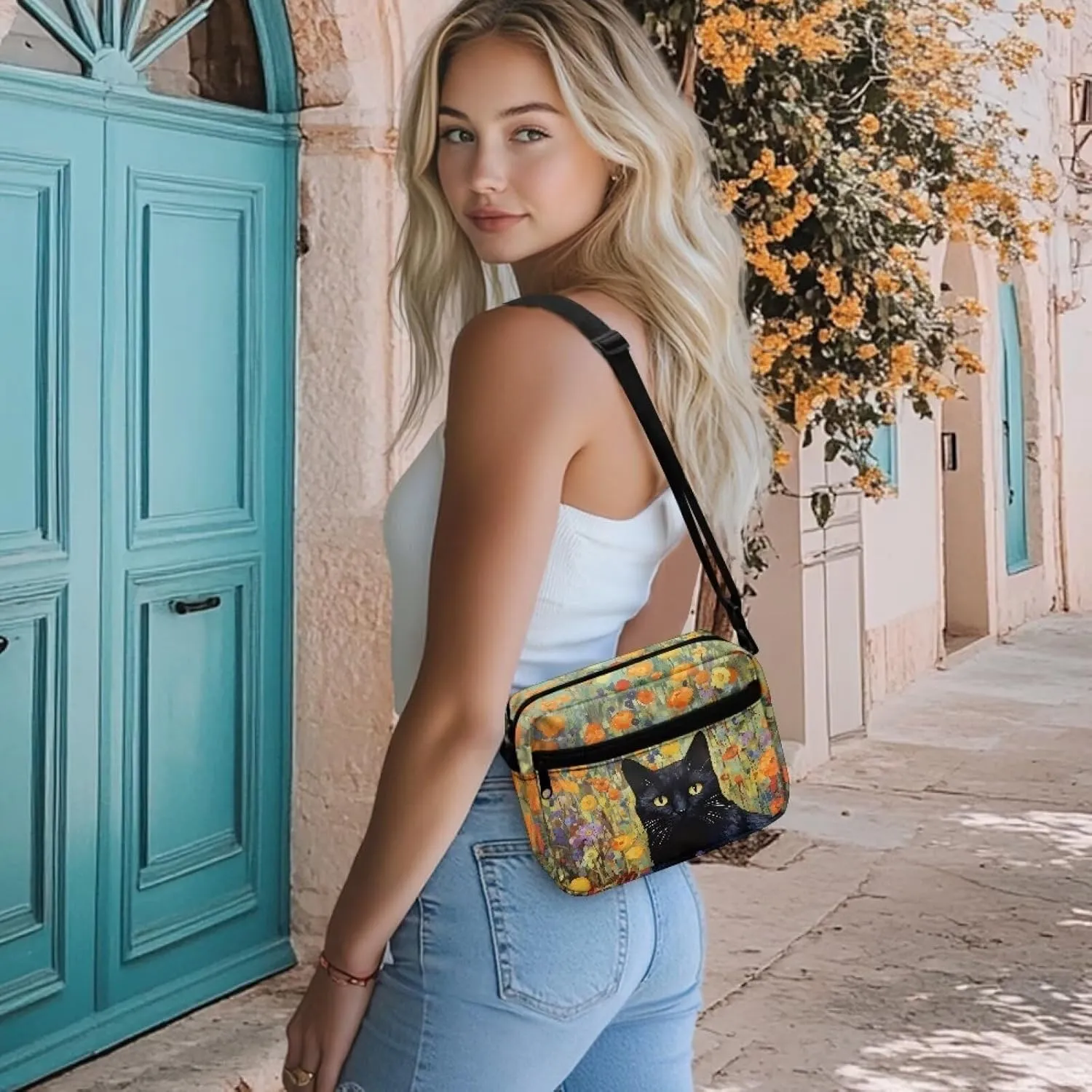 HUGS IDEA Canvas Crossbody Bag for Women Shoulder Bag with Zipper Pockets Cell Phone Bag