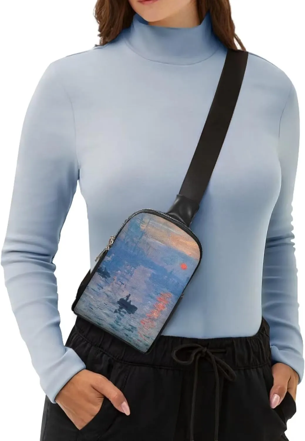 Impression Sunrise Print Crossbody Bags for Women Sling Bag Fanny Packs, Monet Painting Impressionism Art PU Leather Mini Messenger Bags Purse Backpack Travel Anti Theft