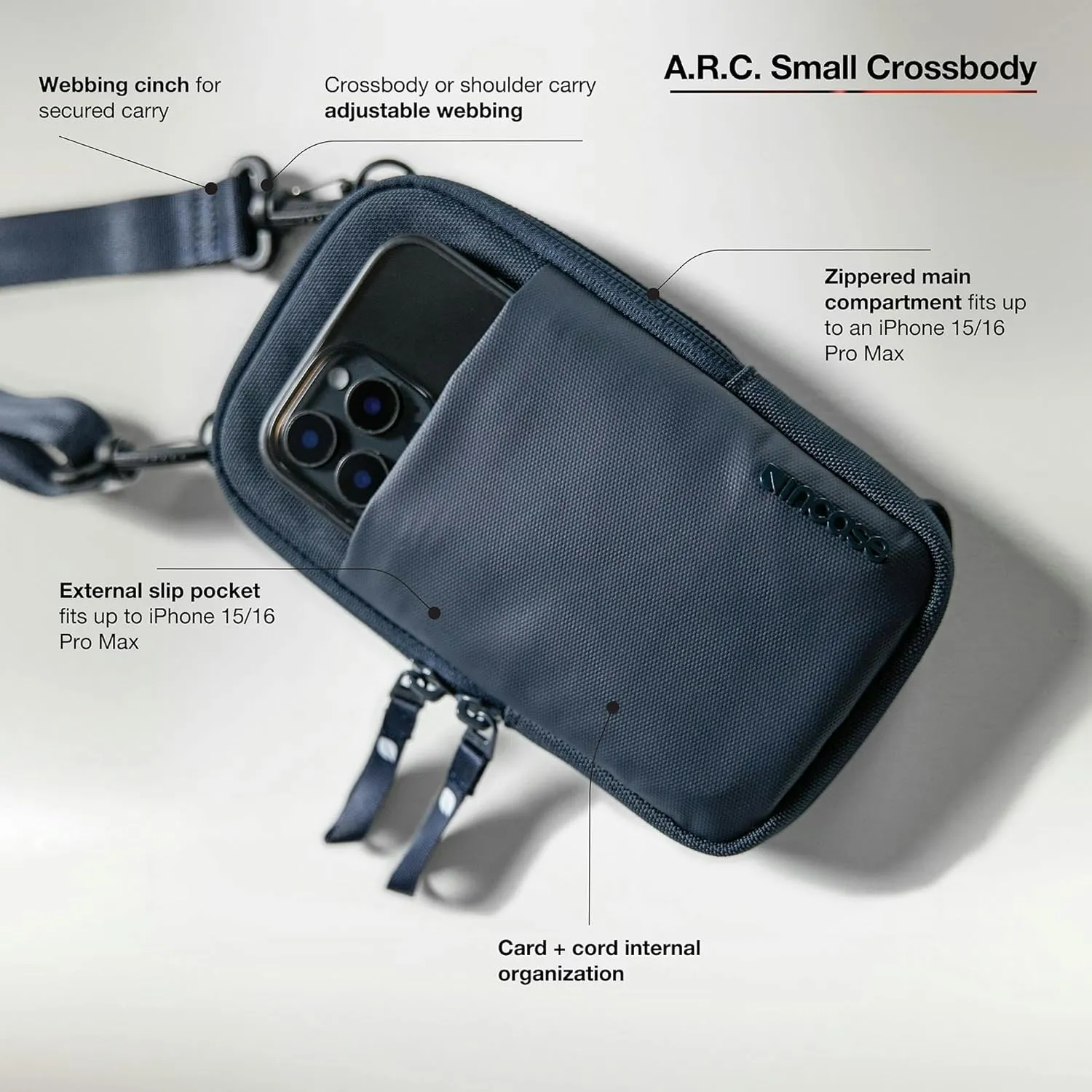 Incase A.R.C. Small Crossbody Bag, Recycled Polyester, Fits iPhone Pro Max, External Pocket, Adjustable Strap, Travel Sling