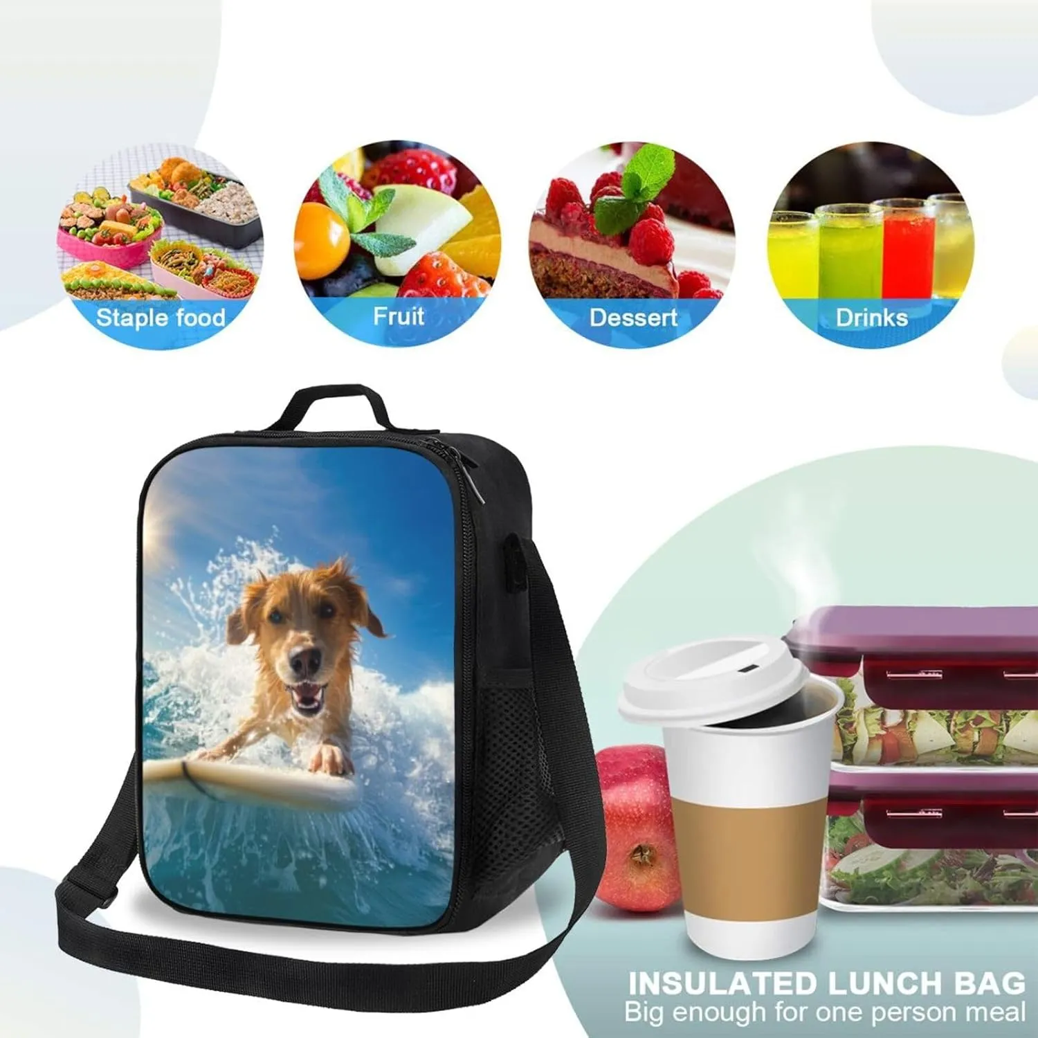 Insulated Lunch Bag, Reusable Portable Lunch Box With Shoulder Strap, Dog Printed Lunch Bag, Funny Cute Bento Lunchbox Cooler Thermal Meal Tote Kit