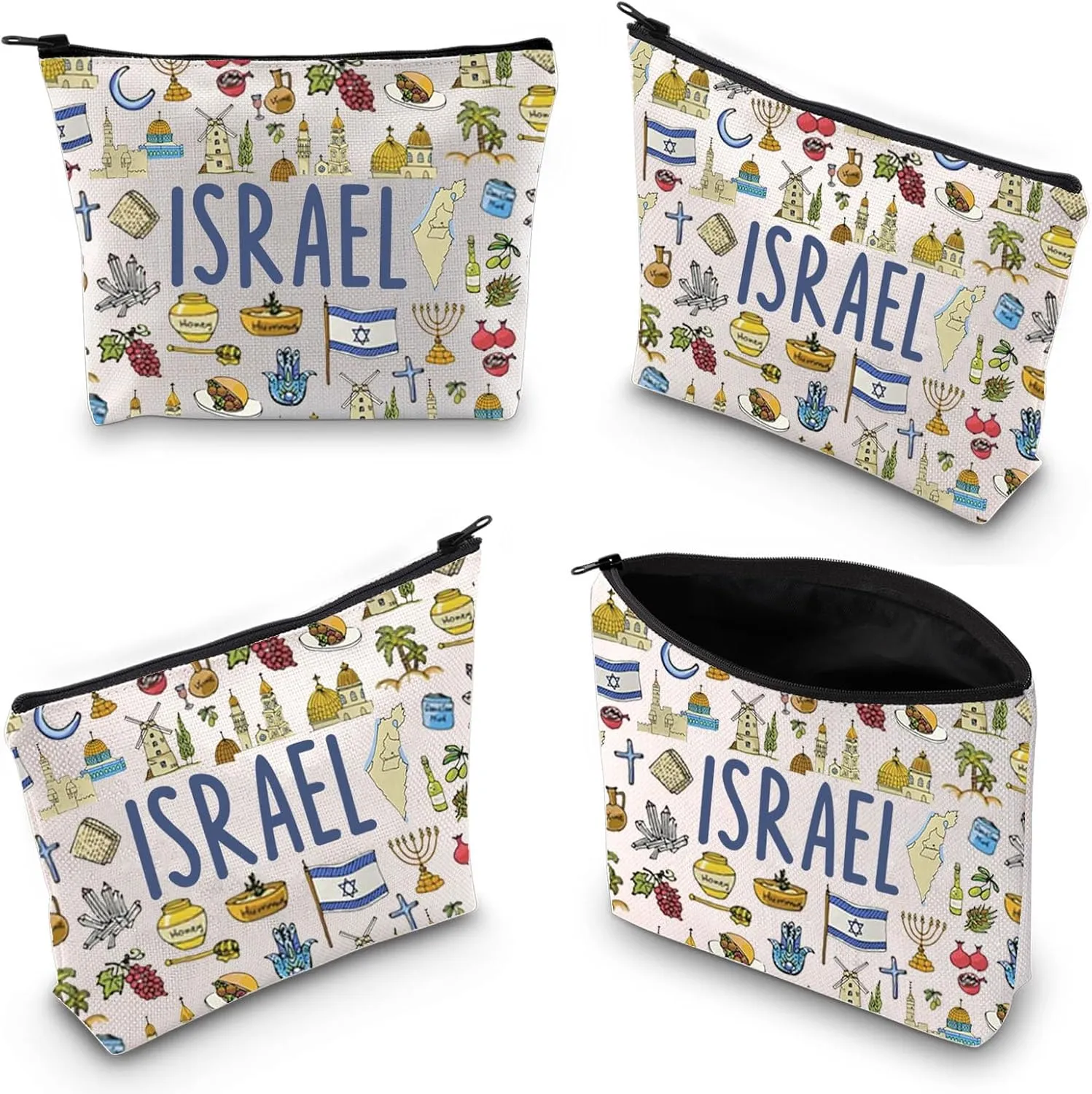 Israel Cosmetic Bag Israel Strong Bag Israel Doodles Heart Zipper Bag Pray for Israel Gift Jewish Israeli Defense Support Gift (canvas, ISRAEL Bag)