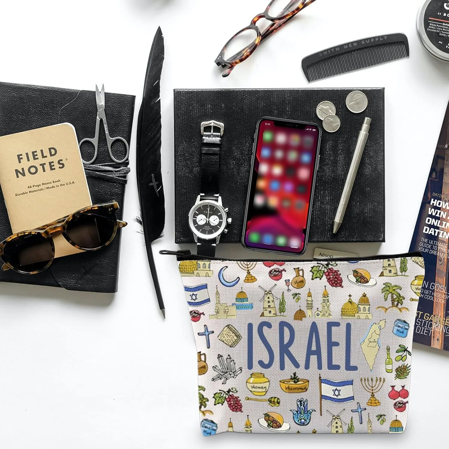 Israel Cosmetic Bag Israel Strong Bag Israel Doodles Heart Zipper Bag Pray for Israel Gift Jewish Israeli Defense Support Gift (canvas, ISRAEL Bag)