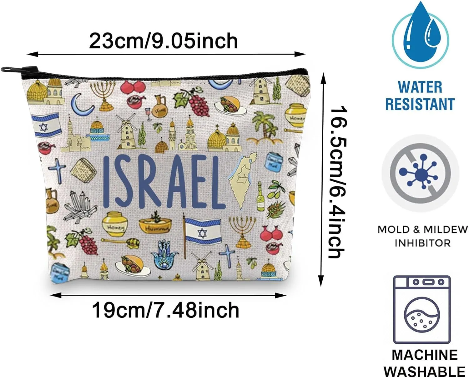 Israel Cosmetic Bag Israel Strong Bag Israel Doodles Heart Zipper Bag Pray for Israel Gift Jewish Israeli Defense Support Gift (canvas, ISRAEL Bag)