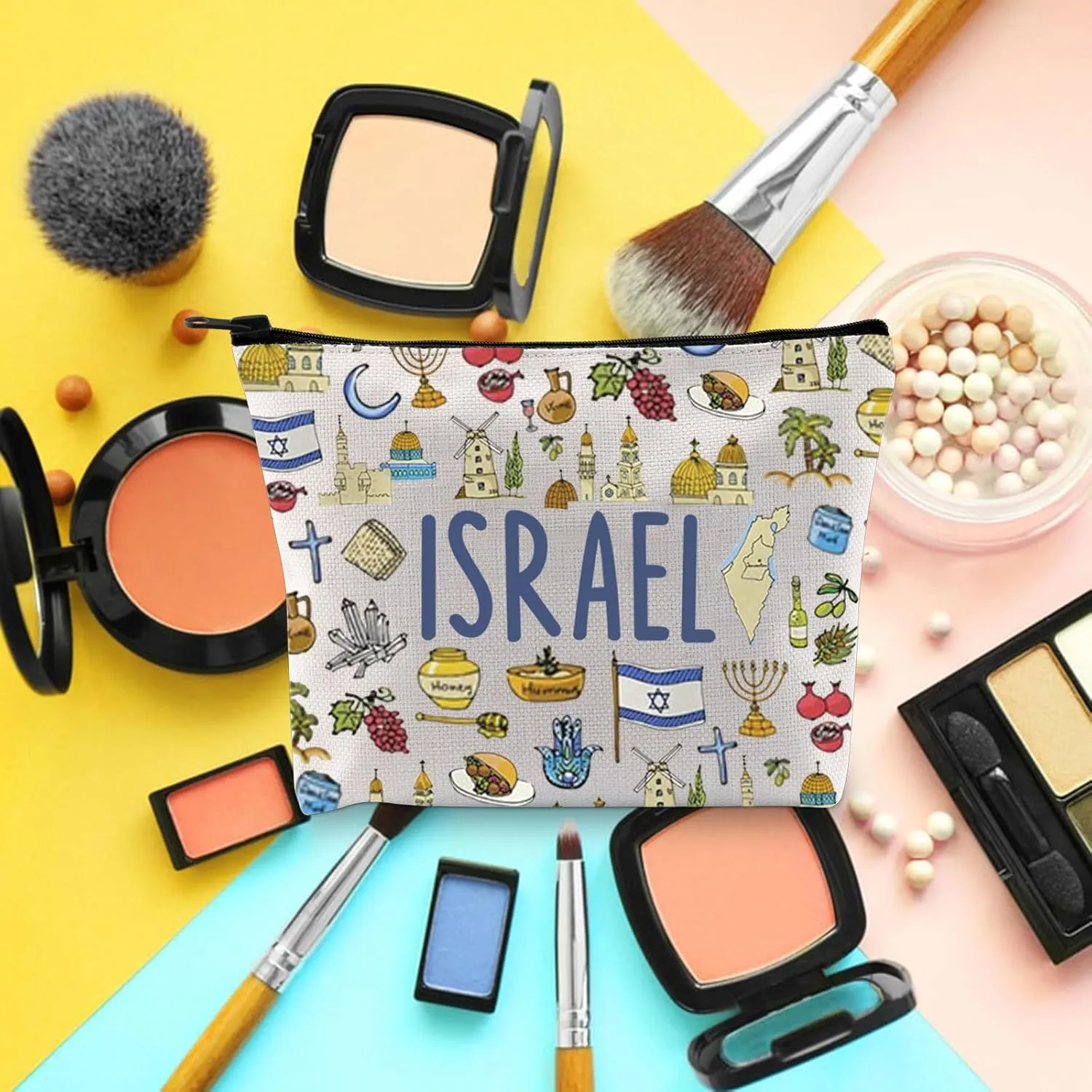 Israel Cosmetic Bag Israel Strong Bag Israel Doodles Heart Zipper Bag Pray for Israel Gift Jewish Israeli Defense Support Gift (canvas, ISRAEL Bag)