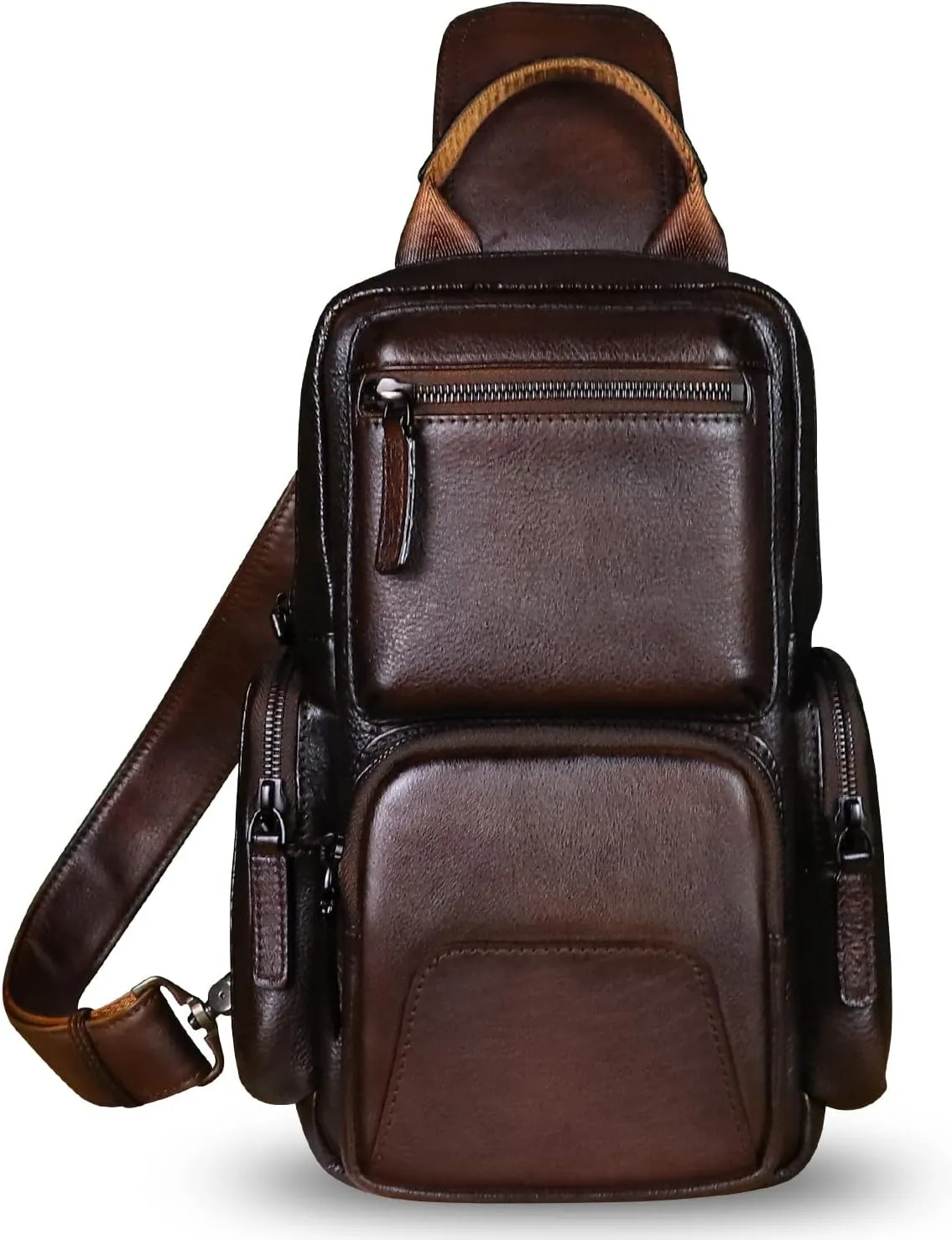 IVTG Genuine Leather Sling Bag Crossbody Casual Hiking Daypack Vintage Handmade Chest Bag Shoulder Backpack Motorcycle Pack (Coffee)
