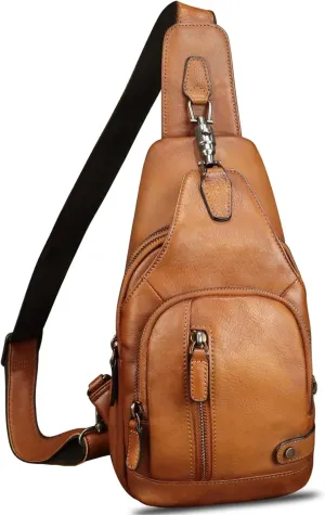 IVTG Genuine Leather Sling Bag Vintage Crossbody Shoulder Bag Handmade Casual Backpack Fanny Purse Chest Bag (Brown)