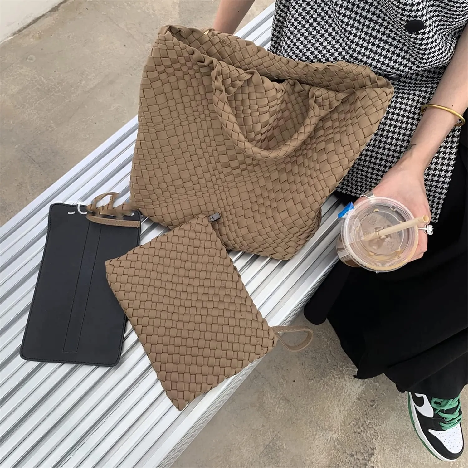 JINMANXUE Woven Hobo Bag For Women Neoprene Tote Bag Large Capacity Handbag Patchwork Handmade Casual Shoulder Bags