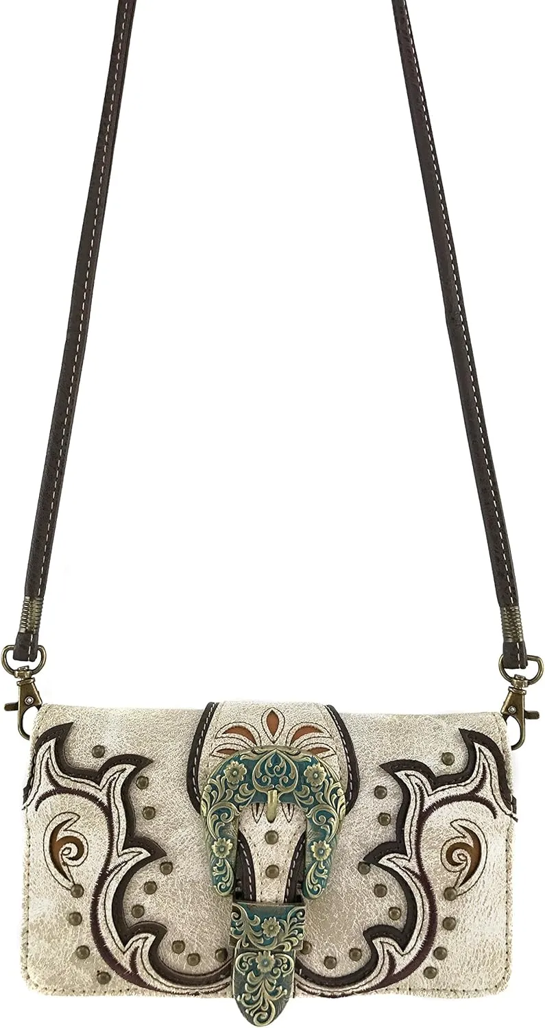 Justin West Patina Girl Western Bronze Floral Buckle Conceal Carry Handbag Purse Tote and Strap Wallet