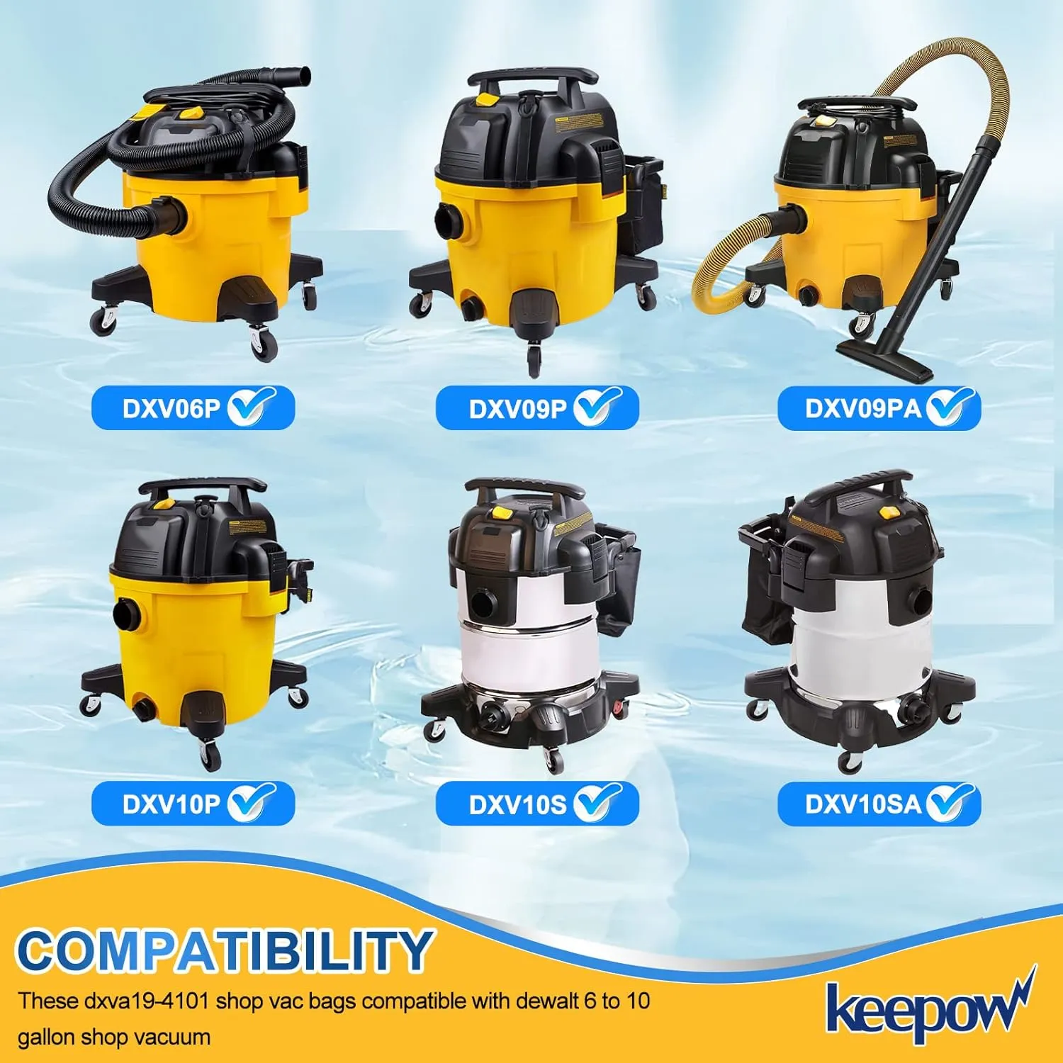 KEEPOW DXVA19-4101 Shop Vac Bags Compatible with DEWALT,6 8 9 10 Gallon Vacuum Bags for DXV06P, DXV09P, DXV09PA, DXV10P, DXV10PL, DXV10S, DXV10SA, DXV10SB, 9 Pack