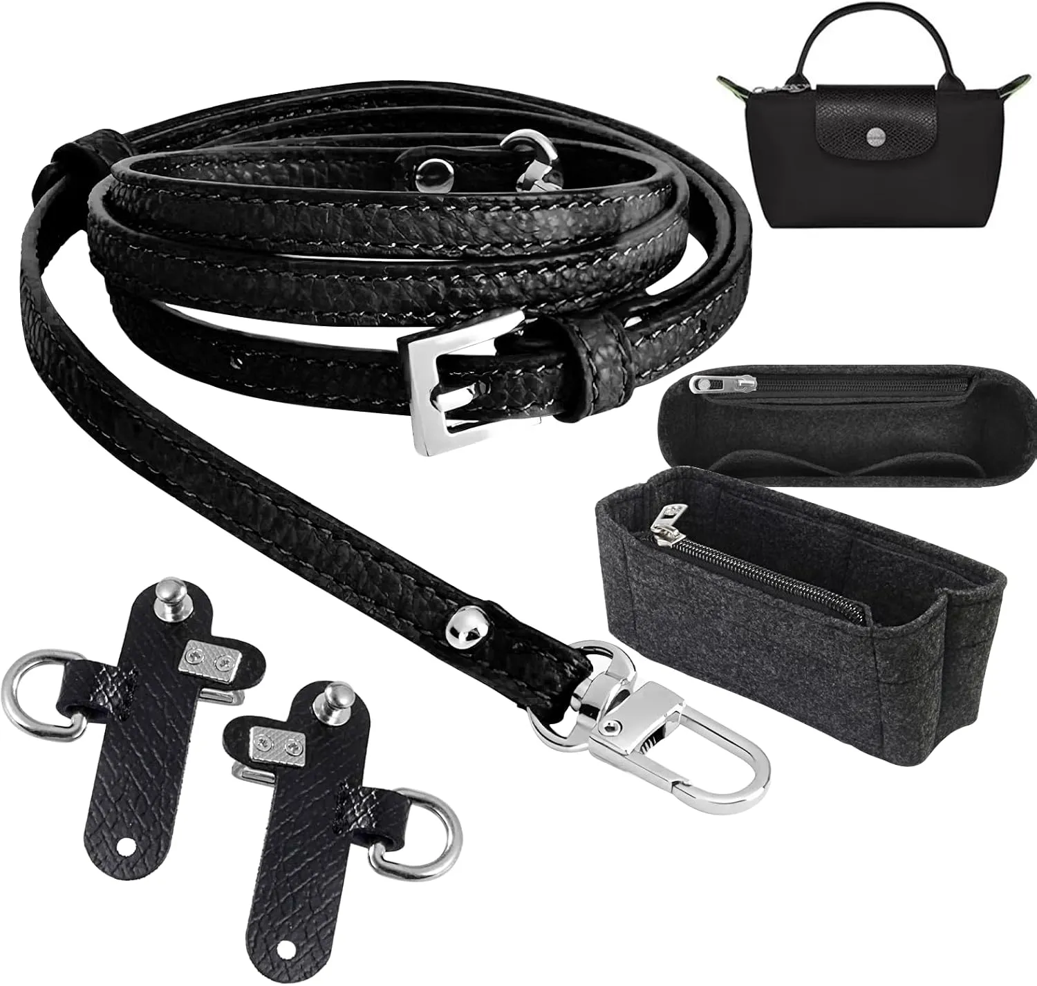 KIBBEH Shoulder Strap Kit for Longchamp Bag – 2 Set Adjustable No-Punch Leather Straps & Multi-Pocket Felt Organizer, Elegant Crossbody Handbag Upgrade